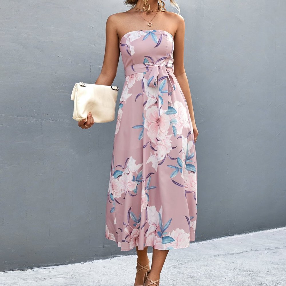 Floral Print Tie Waist Straight Neck Midi Dress - Blush Pink